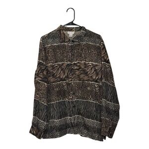 STUNT Vintage 100% Silk Long Sleeve Button Up Shirt Wild Animal Print Size Large